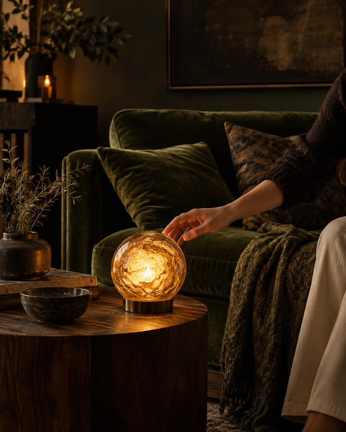A hand reaches toward a glowing lamp beside a green sofa