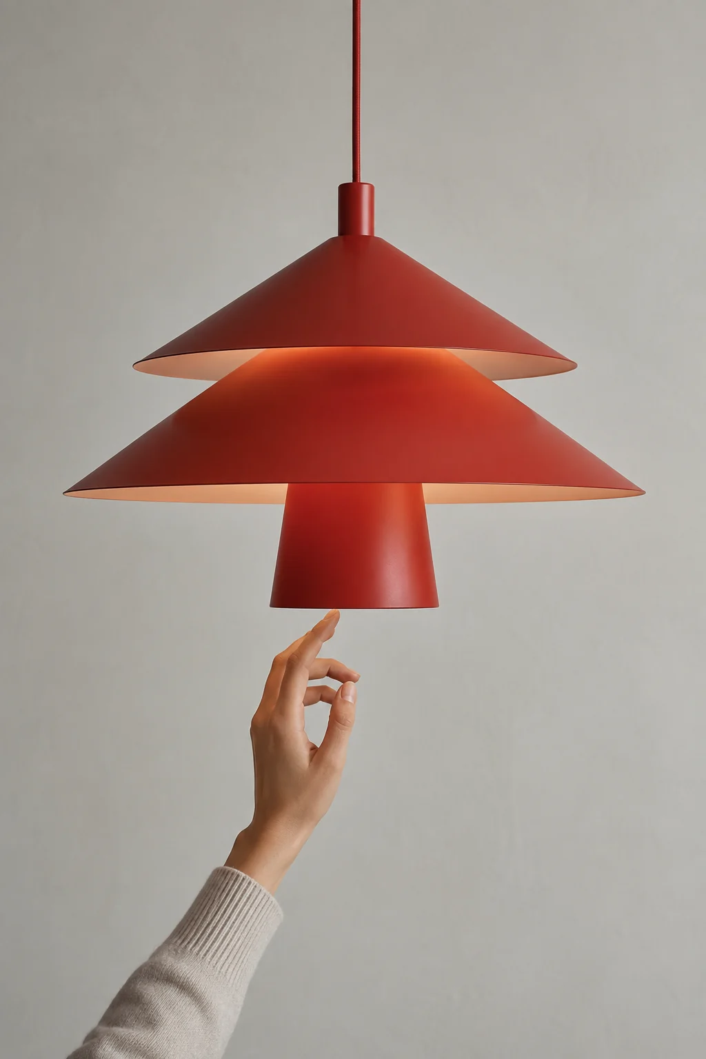 A hand reaches up to a sculptural red pendant lamp