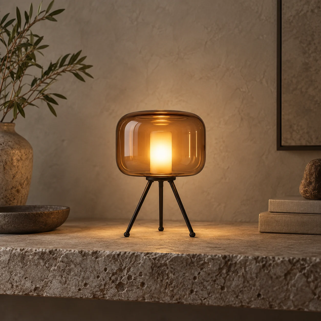 Small glowing amber lamp on slender legs