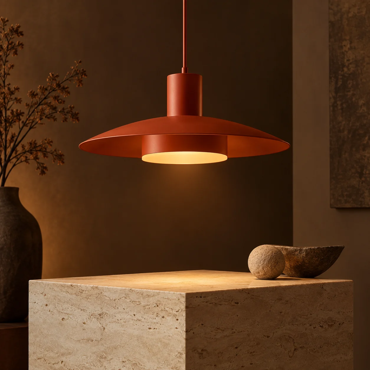 Burnt-orange pendant lamp over a stone plinth