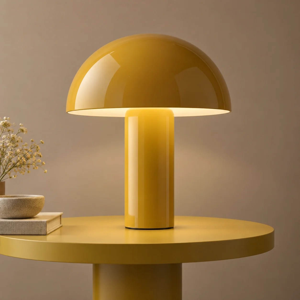 Yellow mushroom lamp on a circular side table